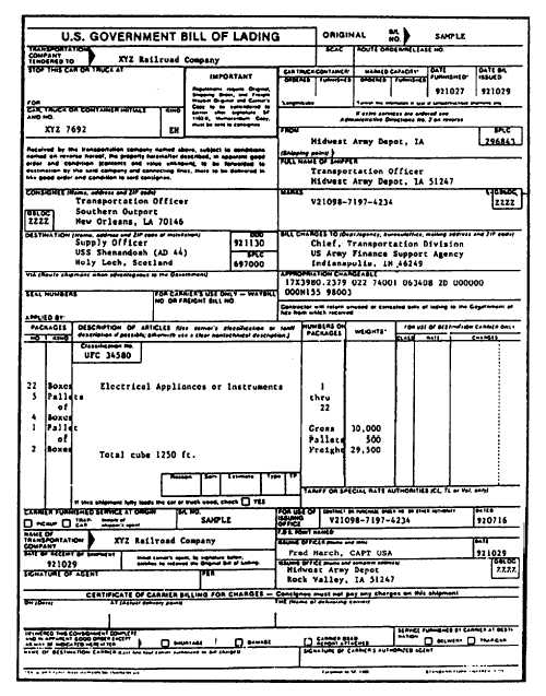What is some information found on a bill of landing form?