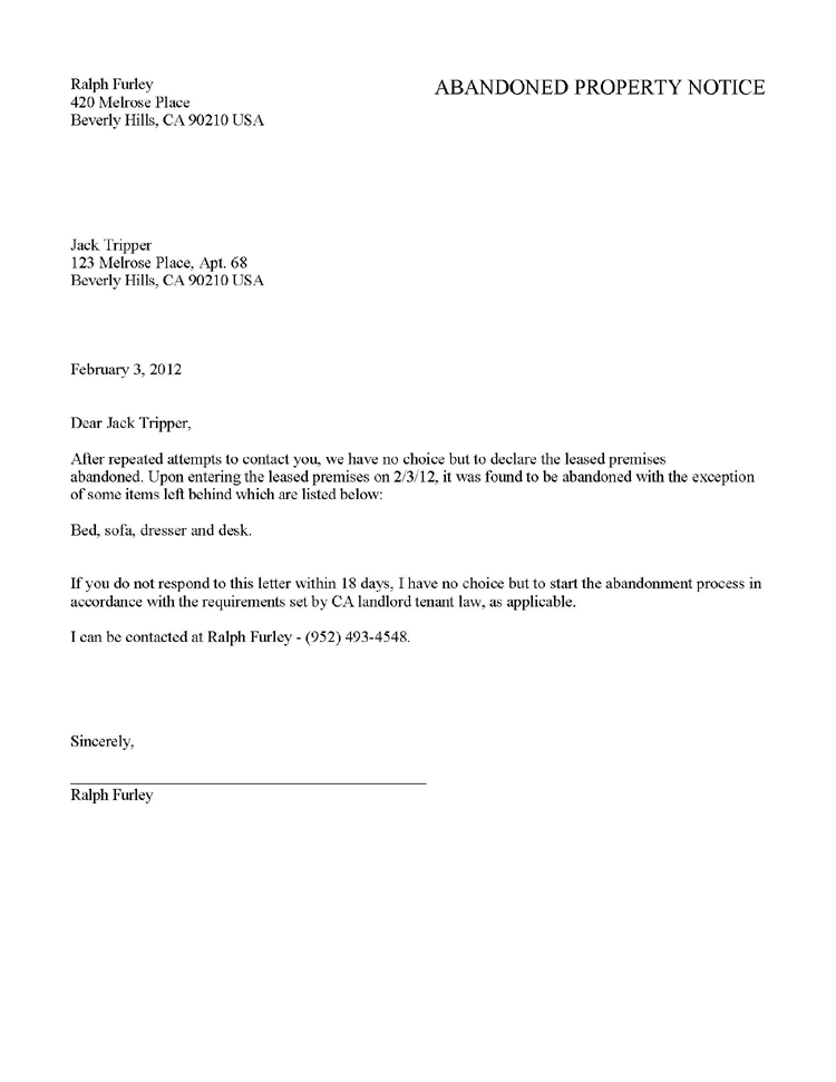Landlord To Tenant 30 Day Notice Vacate Letter California