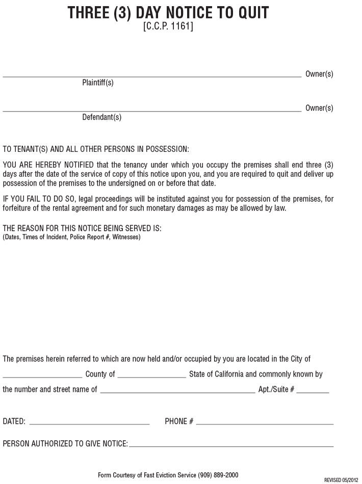 Notice to vacate form