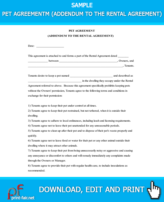 Pet Agreementm (Addendum to the Rental Agreement)